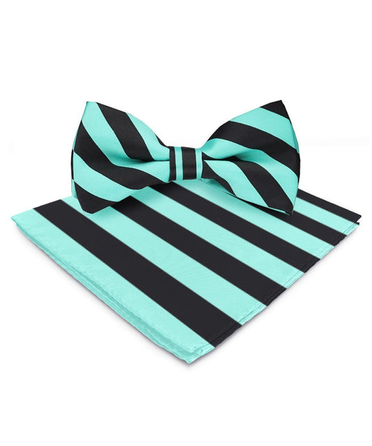 Vittorio Farina Men's Striped Satin Bow Tie & Pocket Square in Gift Box - Suits You Sir - Aqua and Black -