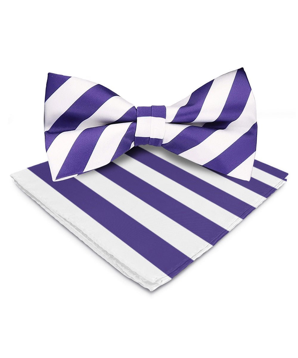 Vittorio Farina Men's Striped Satin Bow Tie & Pocket Square in Gift Box - Suits You Sir - White and Purple -