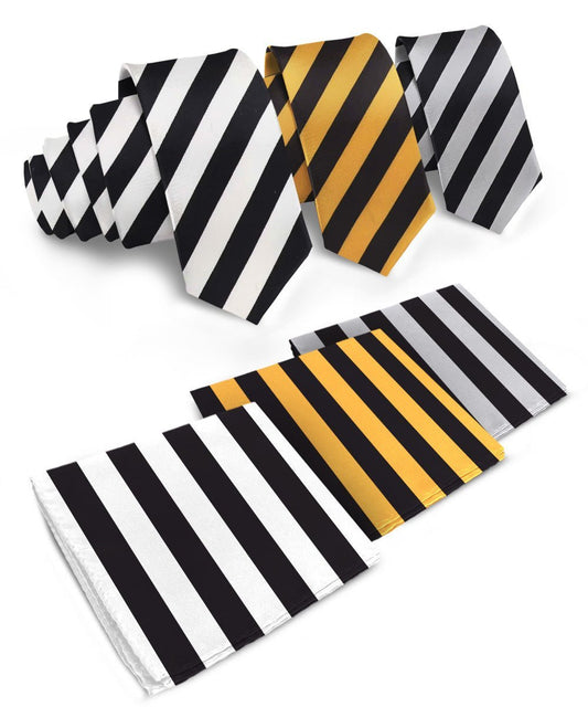Vittorio Farina Men's Striped Satin Necktie & Pocket Square (Multipack) - Suits You Sir - Black and White/Black and Gold/Black and Gray -
