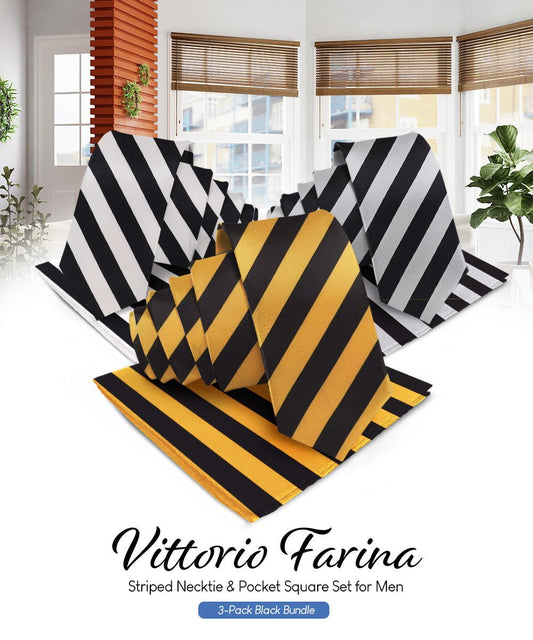Vittorio Farina Men's Striped Satin Necktie & Pocket Square (Multipack) - Suits You Sir - Black and White/Black and Gold/Black and Gray -