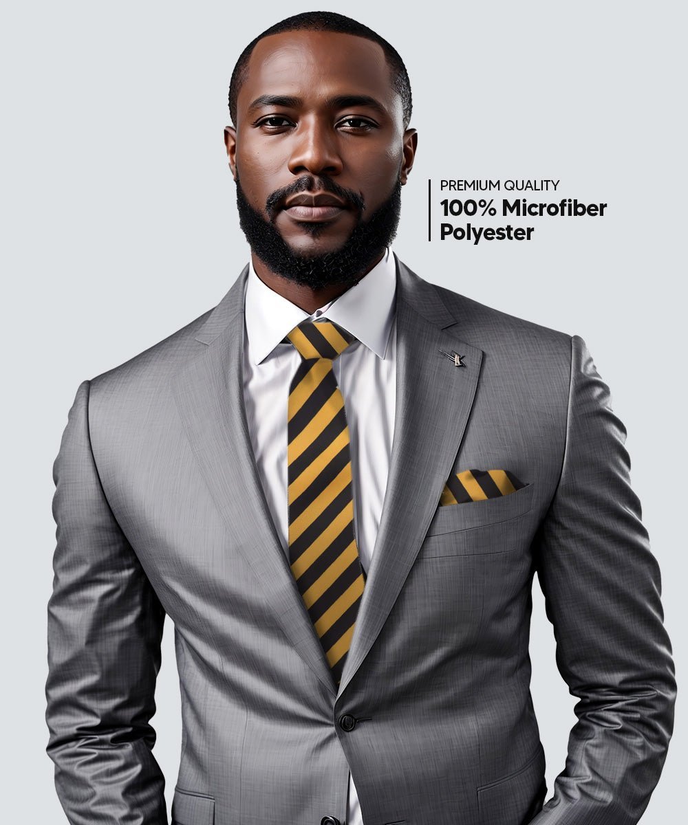 Vittorio Farina Men's Striped Satin Necktie & Pocket Square (Multipack) - Suits You Sir - Black and White/Black and Gold/Black and Gray -