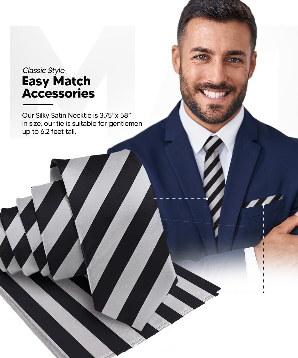 Vittorio Farina Men's Striped Satin Necktie & Pocket Square (Multipack) - Suits You Sir - Black and White/Black and Gold/Black and Gray -