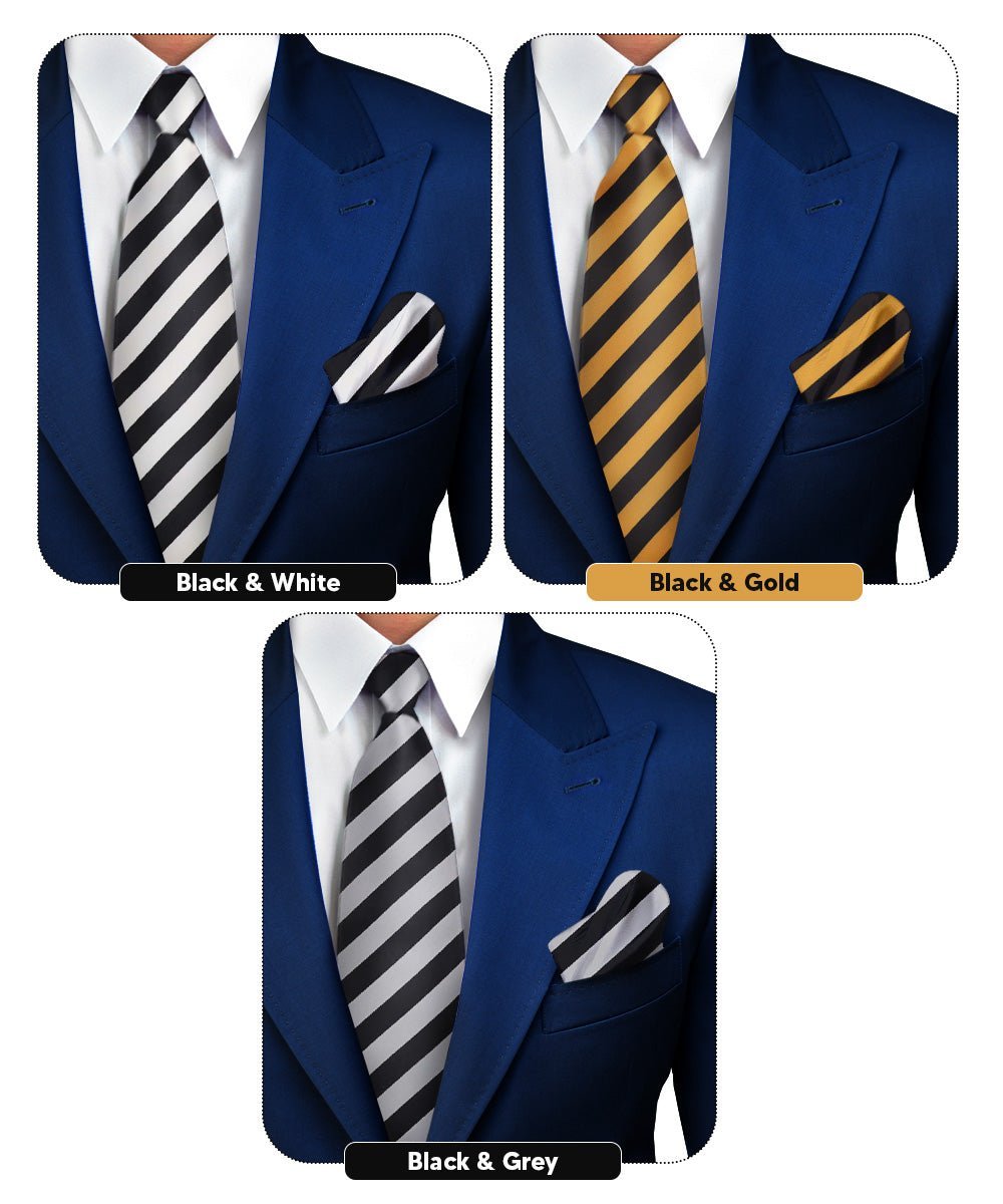Vittorio Farina Men's Striped Satin Necktie & Pocket Square (Multipack) - Suits You Sir - Black and White/Black and Gold/Black and Gray -