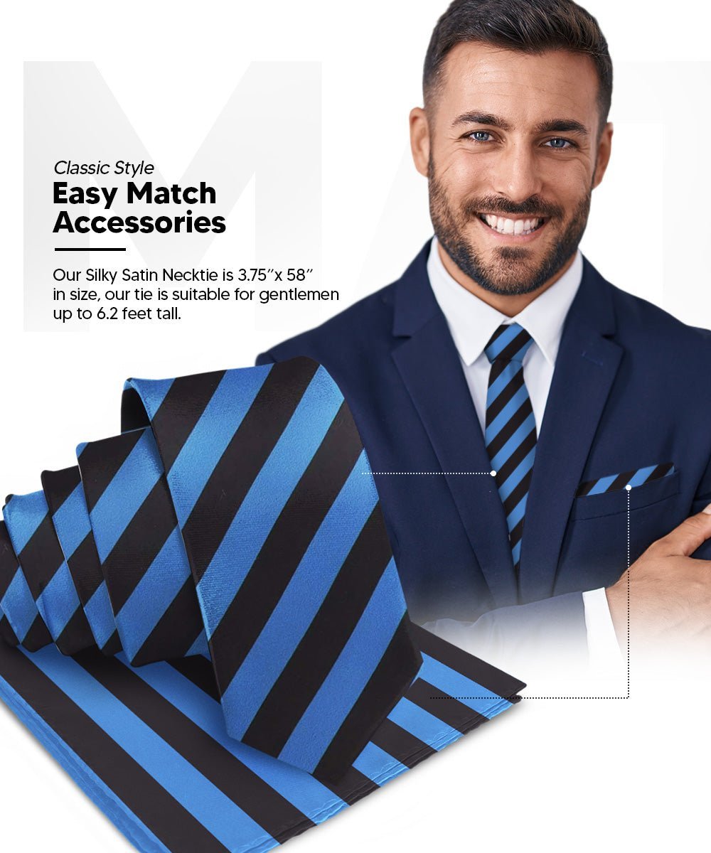 Vittorio Farina Men's Striped Satin Necktie & Pocket Square (Multipack) - Suits You Sir - Navy Blue and White/Royal Blue and Black/Navy Blue, Red and White -