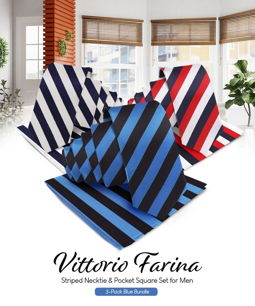 Vittorio Farina Men's Striped Satin Necktie & Pocket Square (Multipack) - Suits You Sir - Navy Blue and White/Royal Blue and Black/Navy Blue, Red and White -