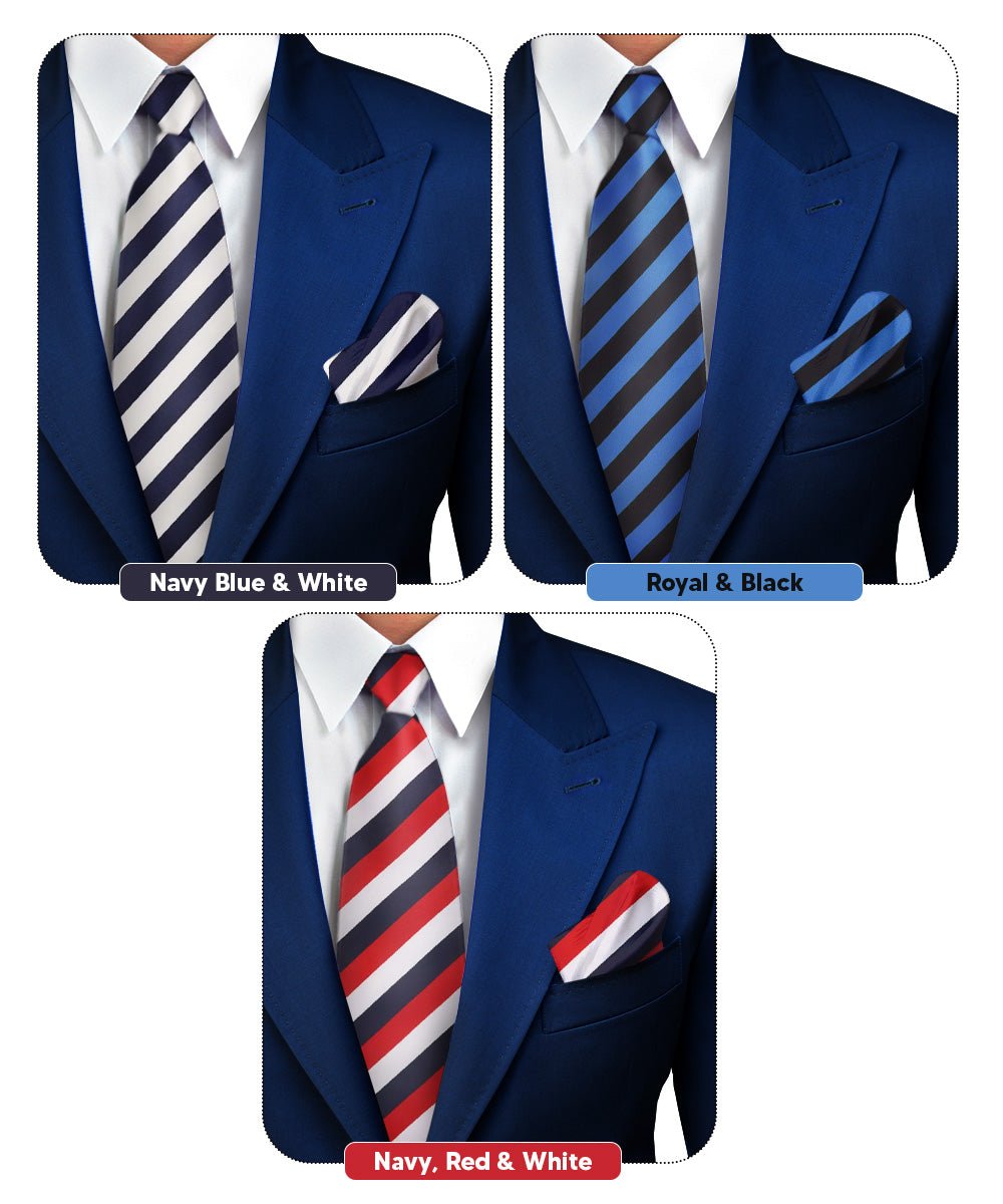 Vittorio Farina Men's Striped Satin Necktie & Pocket Square (Multipack) - Suits You Sir - Navy Blue and White/Royal Blue and Black/Navy Blue, Red and White -