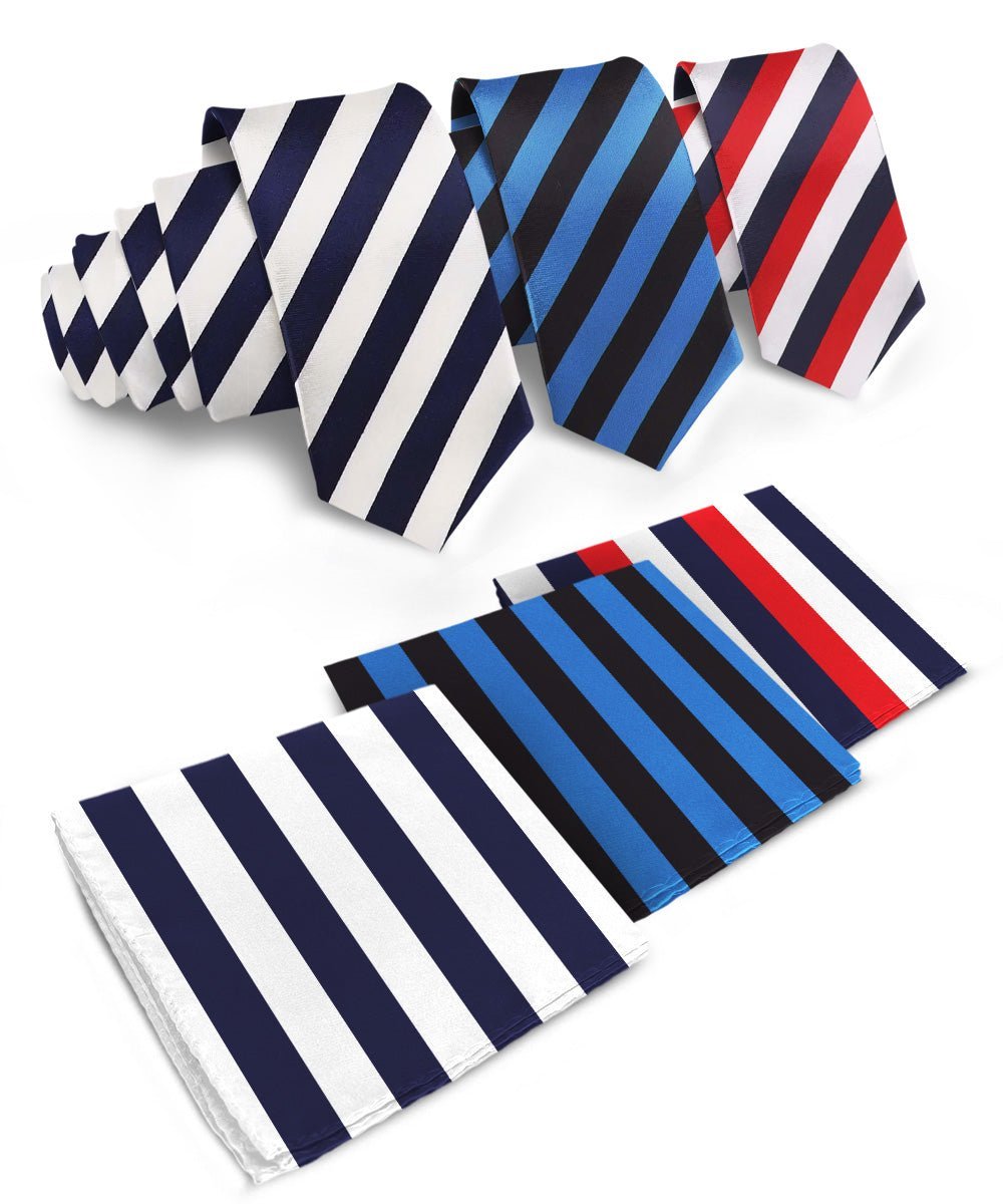 Vittorio Farina Men's Striped Satin Necktie & Pocket Square (Multipack) - Suits You Sir - Navy Blue and White/Royal Blue and Black/Navy Blue, Red and White -