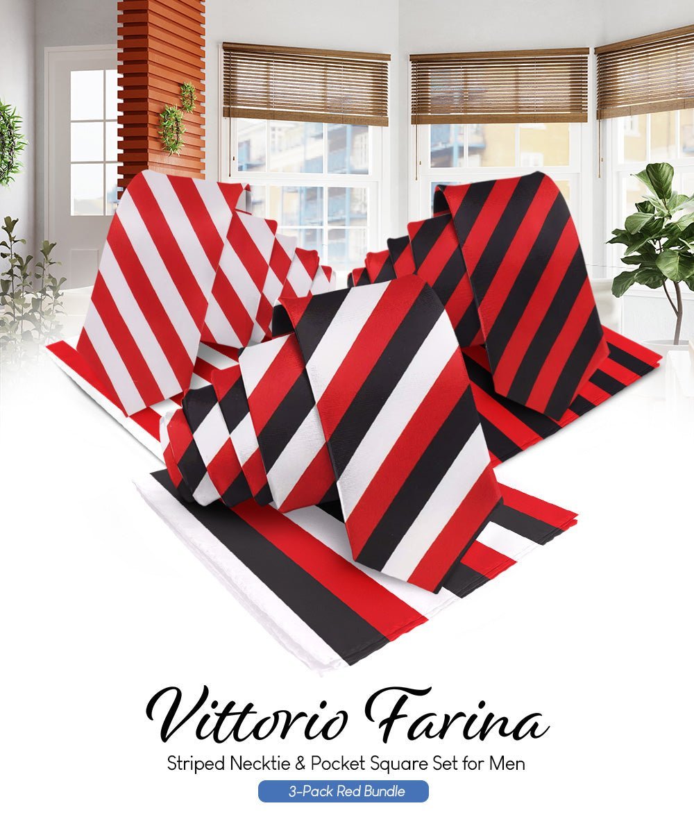 Vittorio Farina Men's Striped Satin Necktie & Pocket Square (Multipack) - Suits You Sir - Red and White/Red and Black/Red, Black and White -