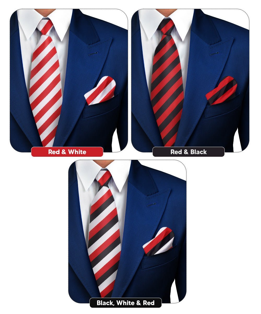 Vittorio Farina Men's Striped Satin Necktie & Pocket Square (Multipack) - Suits You Sir - Red and White/Red and Black/Red, Black and White -