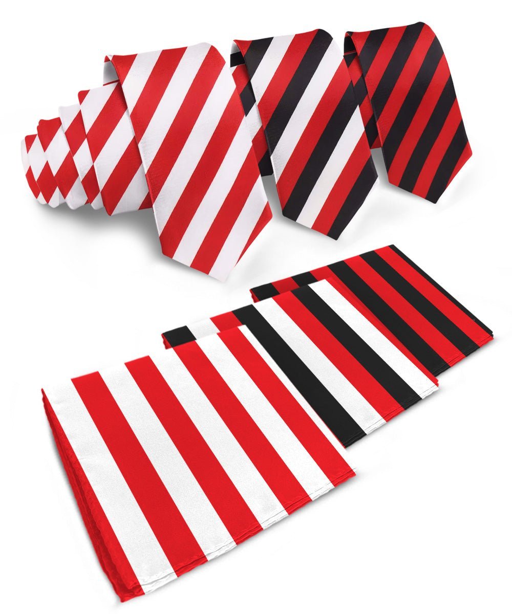 Vittorio Farina Men's Striped Satin Necktie & Pocket Square (Multipack) - Suits You Sir - Red and White/Red and Black/Red, Black and White -