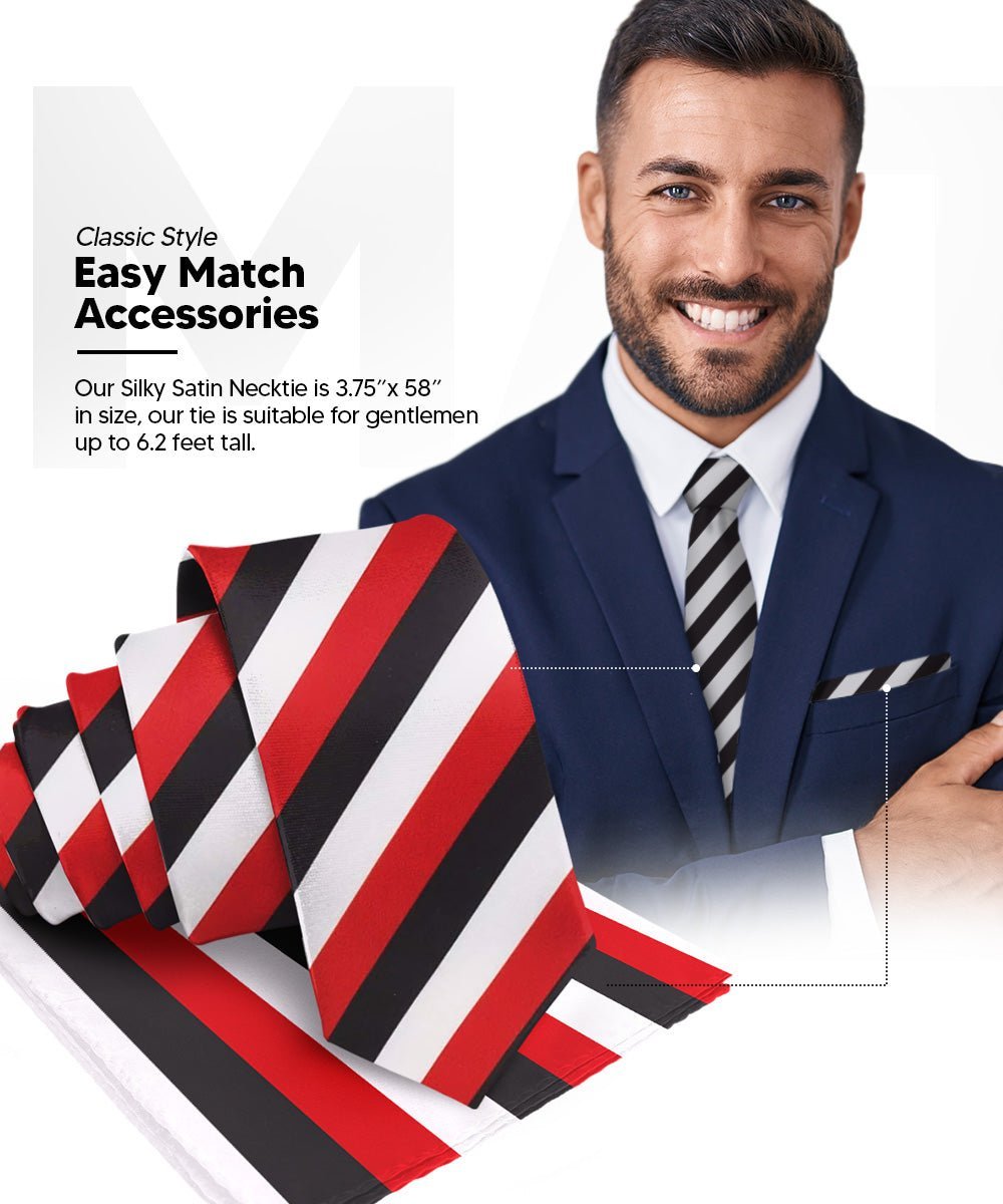 Vittorio Farina Men's Striped Satin Necktie & Pocket Square (Multipack) - Suits You Sir - Red and White/Red and Black/Red, Black and White -