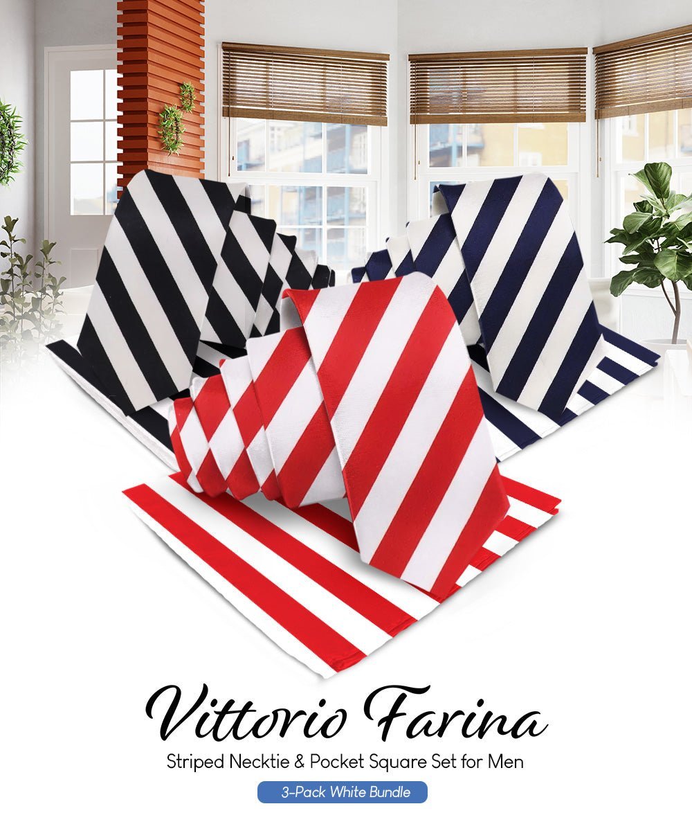 Vittorio Farina Men's Striped Satin Necktie & Pocket Square (Multipack) - Suits You Sir - White and Black/White and Navy Blue/White and Red -