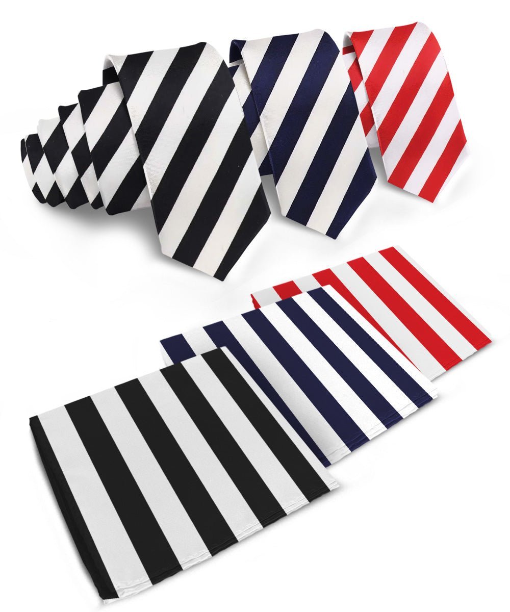 Vittorio Farina Men's Striped Satin Necktie & Pocket Square (Multipack) - Suits You Sir - White and Black/White and Navy Blue/White and Red -