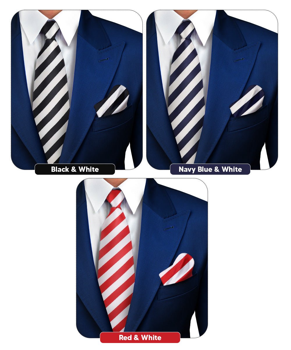 Vittorio Farina Men's Striped Satin Necktie & Pocket Square (Multipack) - Suits You Sir - White and Black/White and Navy Blue/White and Red -
