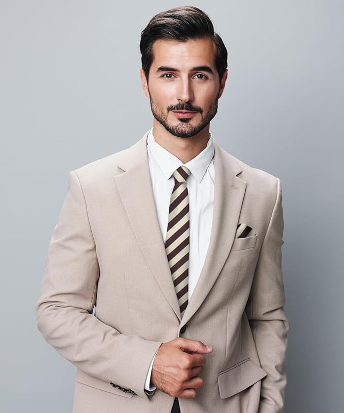 Vittorio Farina Men's Striped Satin Necktie & Pocket Square - Suits You Sir - Beige and Brown -