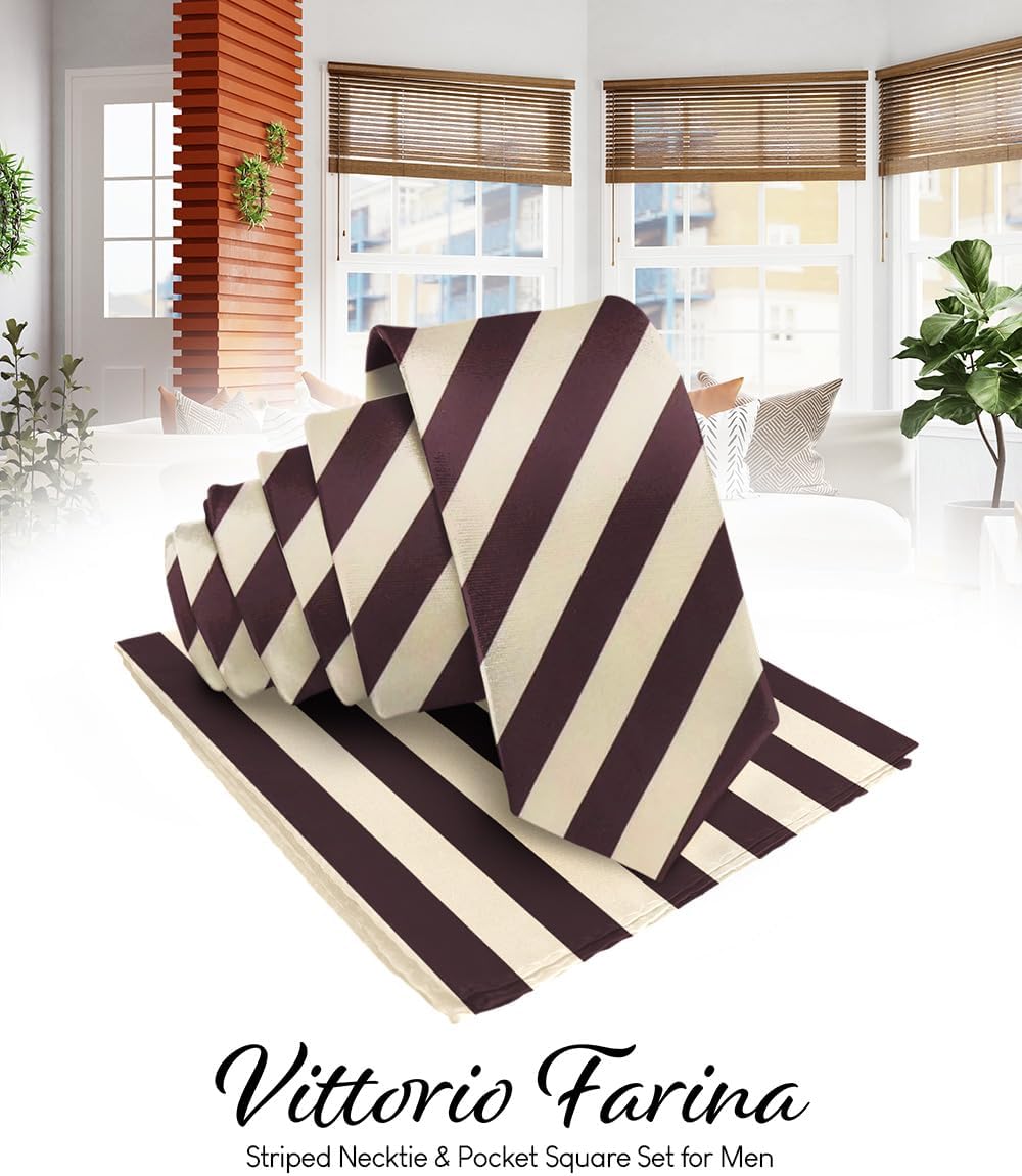 Vittorio Farina Men's Striped Satin Necktie & Pocket Square - Suits You Sir - Beige and Brown -