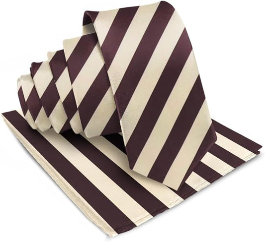 Vittorio Farina Men's Striped Satin Necktie & Pocket Square - Suits You Sir - Beige and Brown -