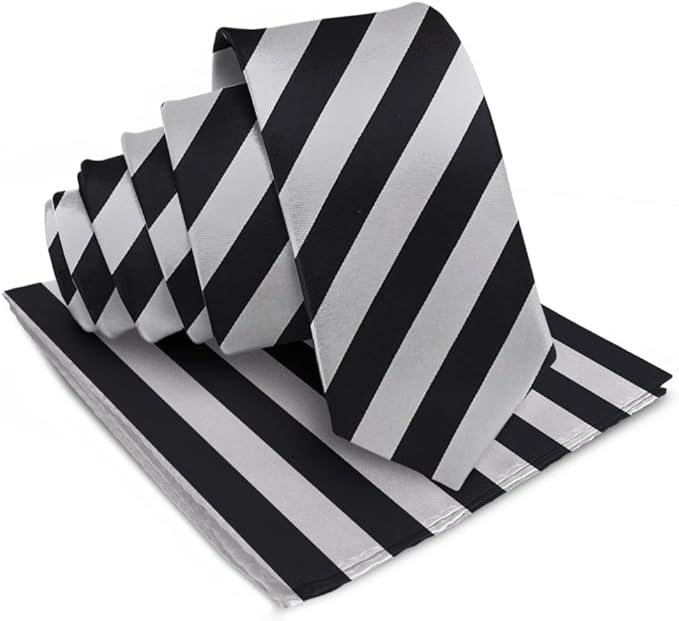 Vittorio Farina Men's Striped Satin Necktie & Pocket Square - Suits You Sir - Black and Gray -