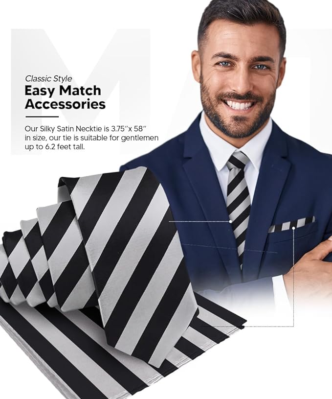 Vittorio Farina Men's Striped Satin Necktie & Pocket Square - Suits You Sir - Black and Gray -