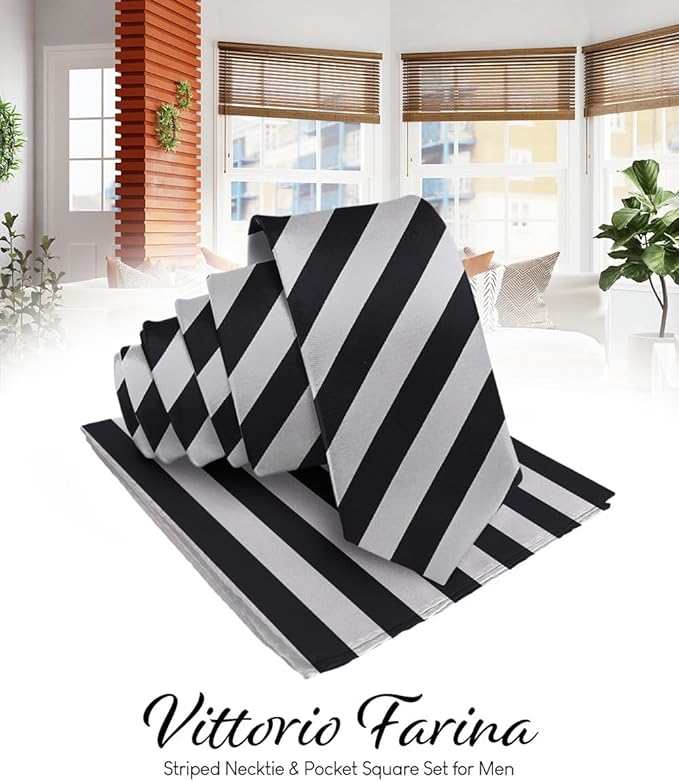 Vittorio Farina Men's Striped Satin Necktie & Pocket Square - Suits You Sir - Black and Gray -