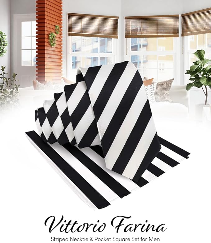Vittorio Farina Men's Striped Satin Necktie & Pocket Square - Suits You Sir - Black and White -