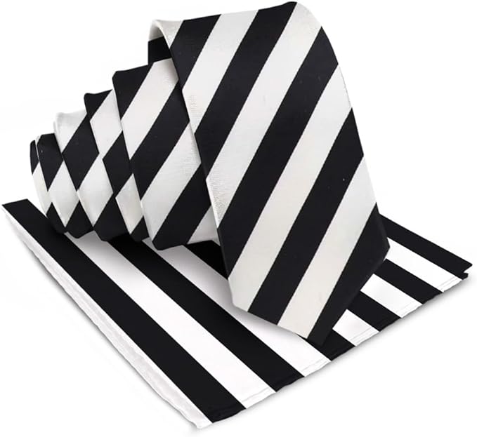 Vittorio Farina Men's Striped Satin Necktie & Pocket Square - Suits You Sir - Black and White -