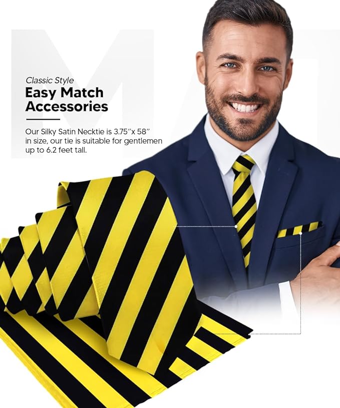 Vittorio Farina Men's Striped Satin Necktie & Pocket Square - Suits You Sir - Black and Yellow -