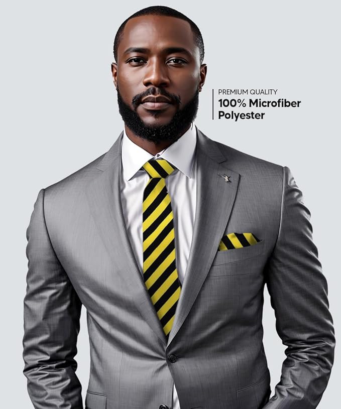Vittorio Farina Men's Striped Satin Necktie & Pocket Square - Suits You Sir - Black and Yellow -
