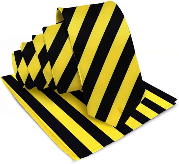 Vittorio Farina Men's Striped Satin Necktie & Pocket Square - Suits You Sir - Black and Yellow -