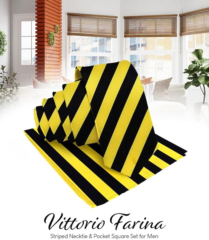 Vittorio Farina Men's Striped Satin Necktie & Pocket Square - Suits You Sir - Black and Yellow -