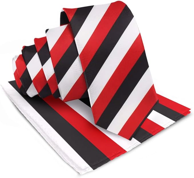 Vittorio Farina Men's Striped Satin Necktie & Pocket Square - Suits You Sir - Black, White and Red -