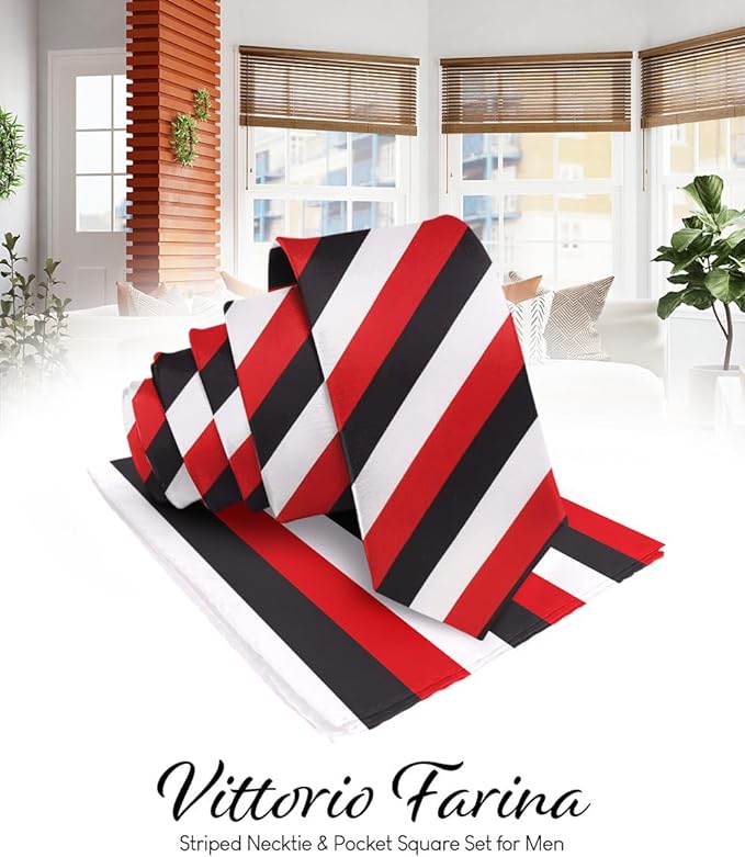 Vittorio Farina Men's Striped Satin Necktie & Pocket Square - Suits You Sir - Black, White and Red -