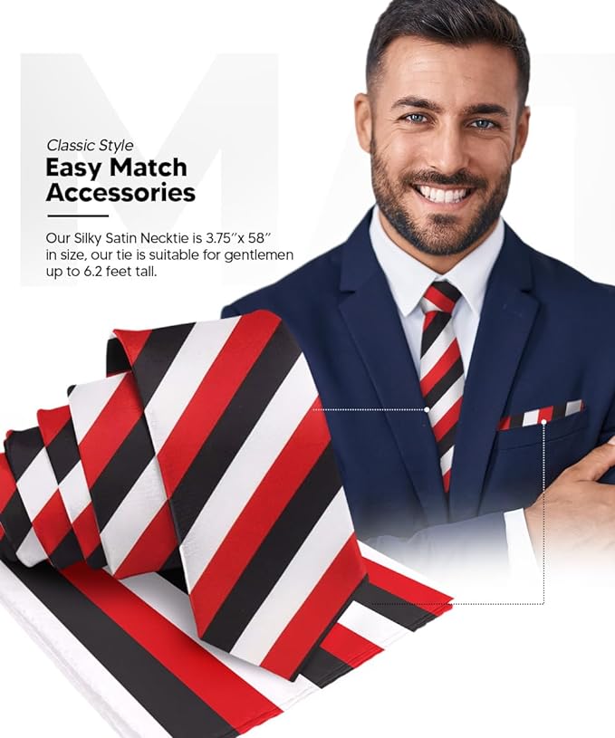 Vittorio Farina Men's Striped Satin Necktie & Pocket Square - Suits You Sir - Black, White and Red -