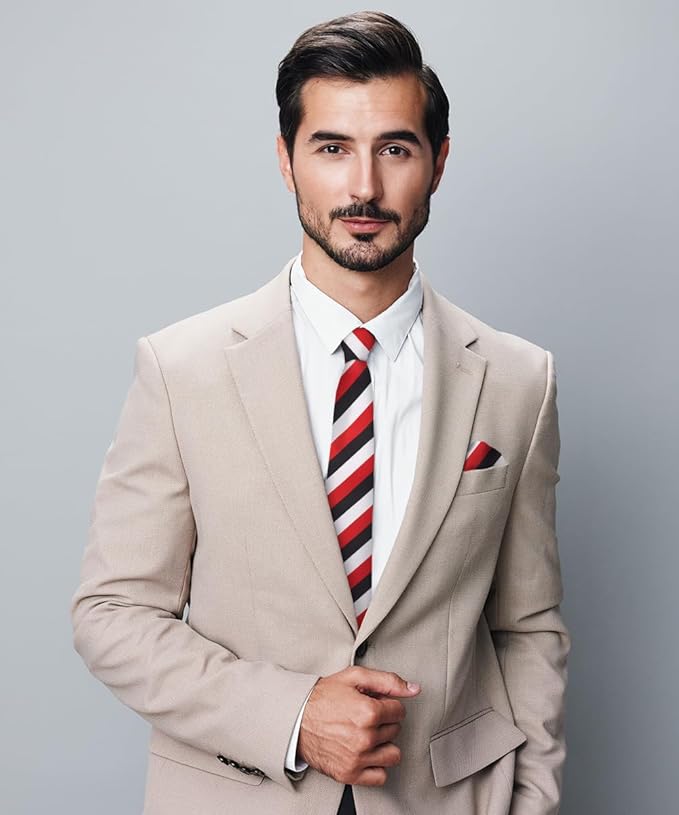 Vittorio Farina Men's Striped Satin Necktie & Pocket Square - Suits You Sir - Black, White and Red -