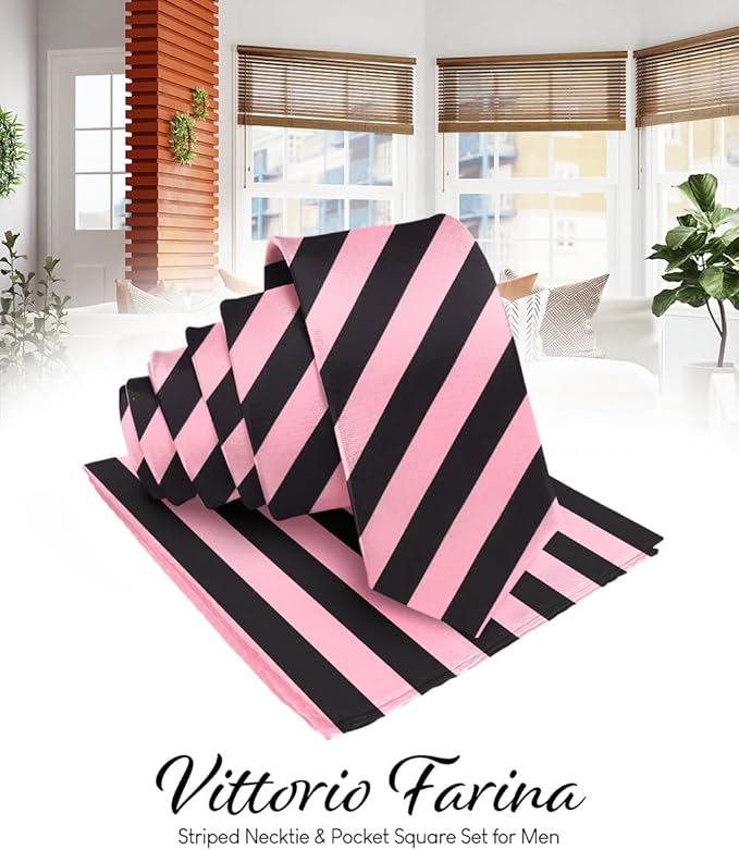 Vittorio Farina Men's Striped Satin Necktie & Pocket Square - Suits You Sir - Bubblegum Pink and Black -