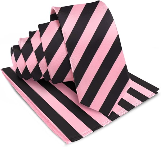 Vittorio Farina Men's Striped Satin Necktie & Pocket Square - Suits You Sir - Bubblegum Pink and Black -
