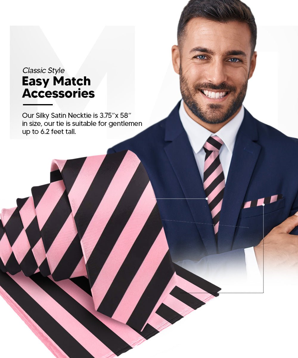 Vittorio Farina Men's Striped Satin Necktie & Pocket Square - Suits You Sir - Bubblegum Pink and Black -