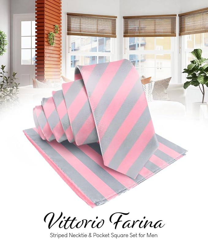 Vittorio Farina Men's Striped Satin Necktie & Pocket Square - Suits You Sir - Bubblegum Pink and Gray -
