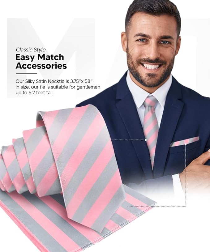 Vittorio Farina Men's Striped Satin Necktie & Pocket Square - Suits You Sir - Bubblegum Pink and Gray -