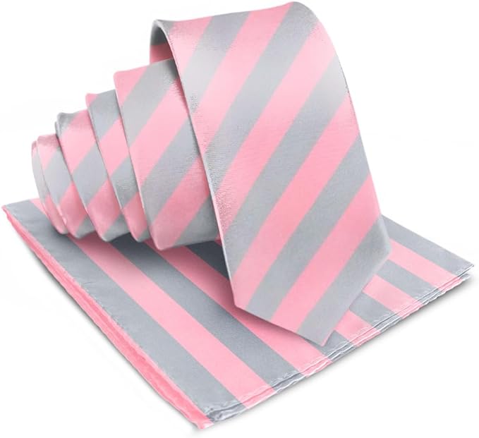 Vittorio Farina Men's Striped Satin Necktie & Pocket Square - Suits You Sir - Bubblegum Pink and Gray -