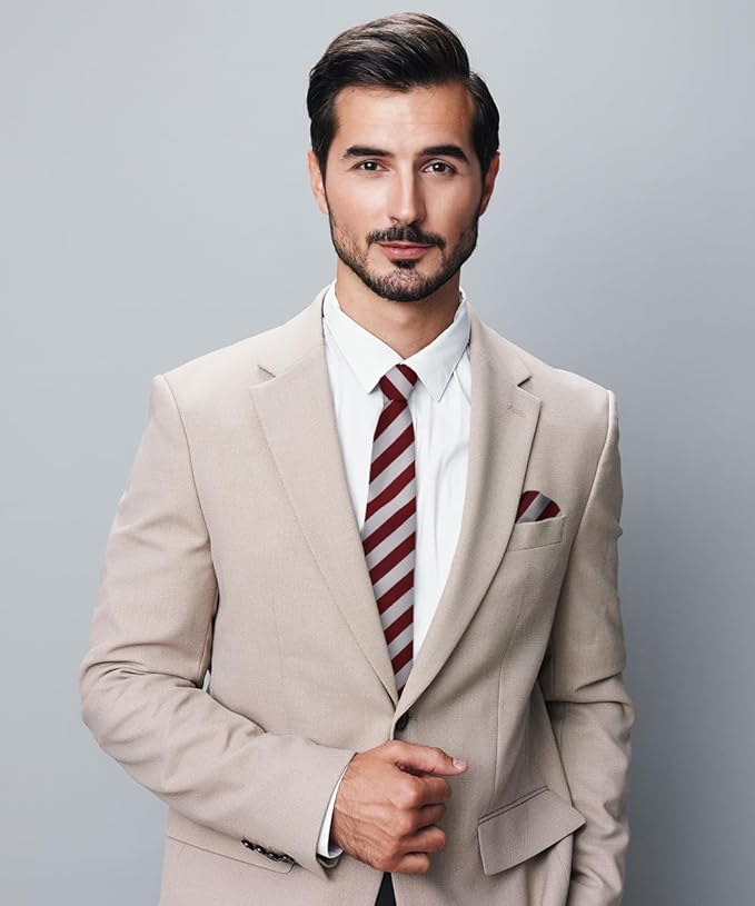 Vittorio Farina Men's Striped Satin Necktie & Pocket Square - Suits You Sir - Burgundy and Gray -