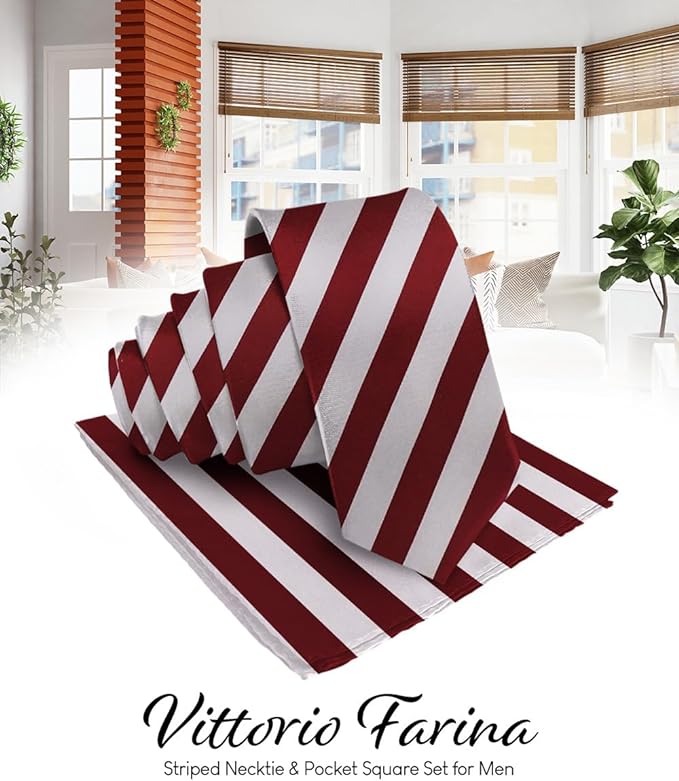 Vittorio Farina Men's Striped Satin Necktie & Pocket Square - Suits You Sir - Burgundy and Gray -