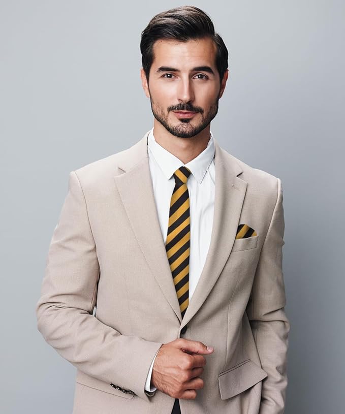 Vittorio Farina Men's Striped Satin Necktie & Pocket Square - Suits You Sir - Gold and Black -