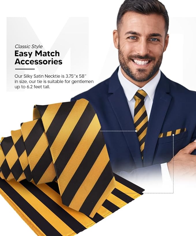 Vittorio Farina Men's Striped Satin Necktie & Pocket Square - Suits You Sir - Gold and Black -