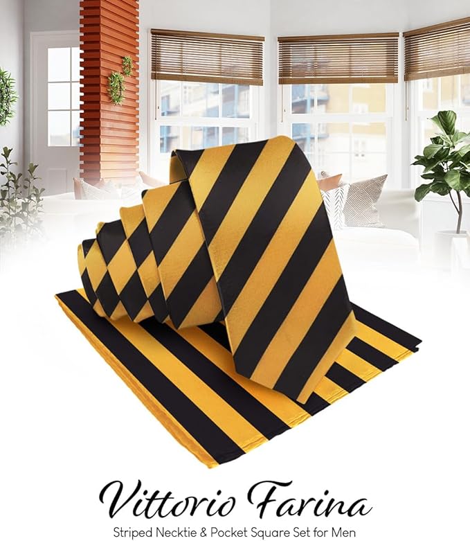 Vittorio Farina Men's Striped Satin Necktie & Pocket Square - Suits You Sir - Gold and Black -