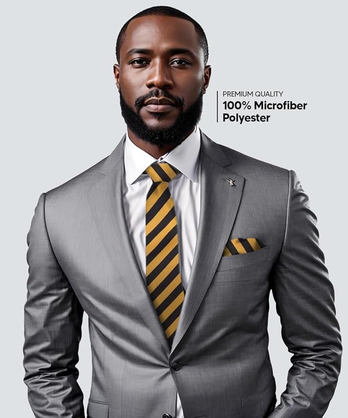 Vittorio Farina Men's Striped Satin Necktie & Pocket Square - Suits You Sir - Gold and Black -