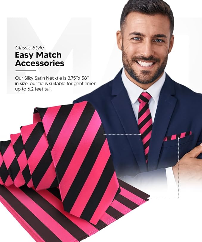 Vittorio Farina Men's Striped Satin Necktie & Pocket Square - Suits You Sir - Hot Pink and Black -