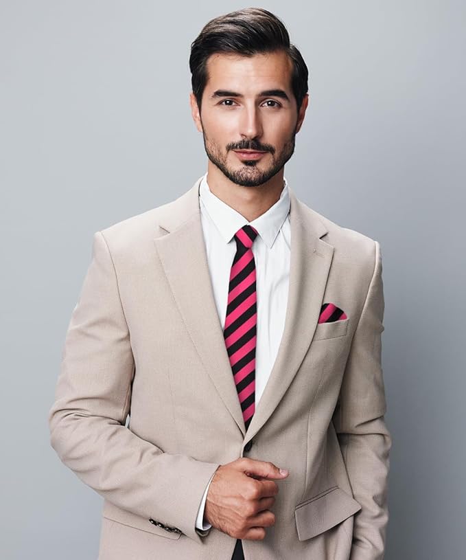 Vittorio Farina Men's Striped Satin Necktie & Pocket Square - Suits You Sir - Hot Pink and Black -