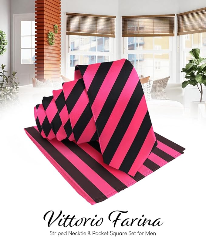 Vittorio Farina Men's Striped Satin Necktie & Pocket Square - Suits You Sir - Hot Pink and Black -