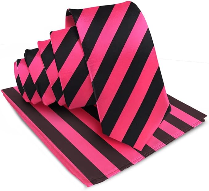 Vittorio Farina Men's Striped Satin Necktie & Pocket Square - Suits You Sir - Hot Pink and Black -